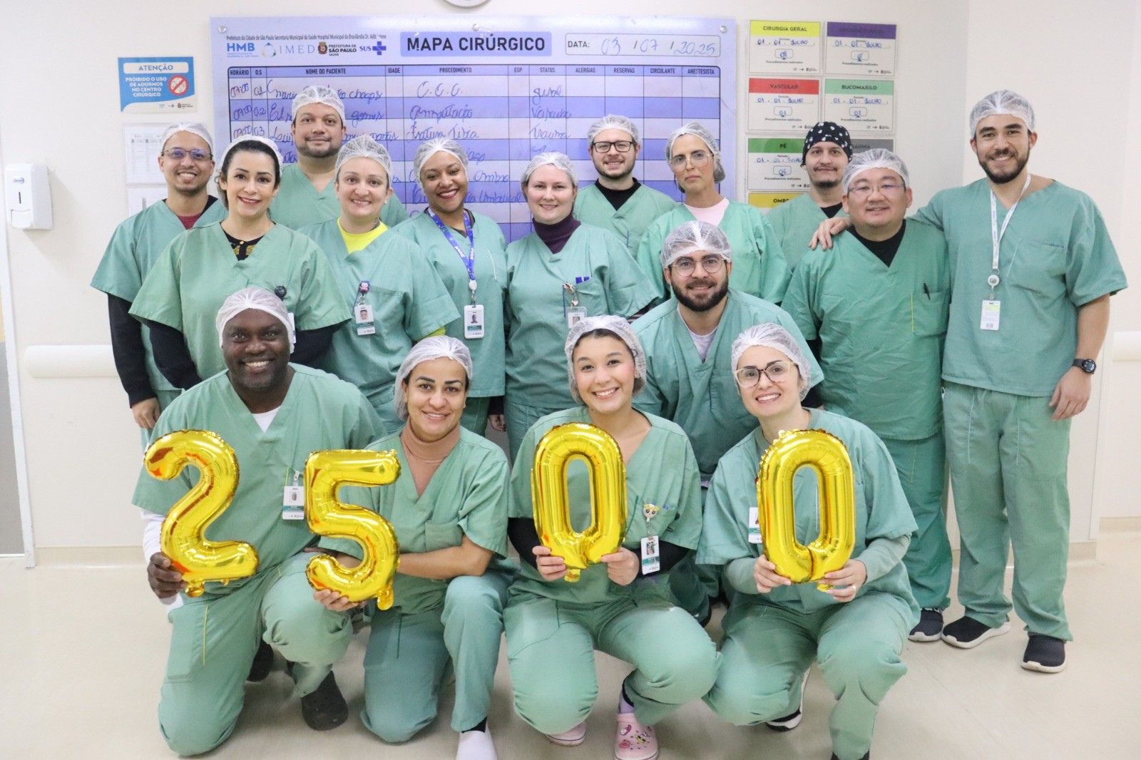 Imagem da equipe do centro cirúrgico do Hospital Municipal da Brasilândia (HMB) comemorando a marca de 2.500 cirurgias eletivas realizadas, um resultado do esforço conjunto e do compromisso com a ampliação do acesso à saúde pública.
