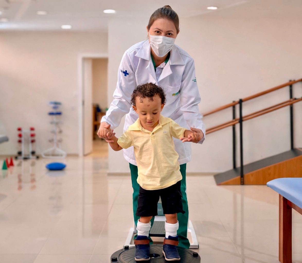 Bento Miguel, criança de 3 anos, em reabilitação na Policlínica Estadual da Região do Entorno, em Formosa, superando desafios da mielomeningocele com apoio multiprofissional.